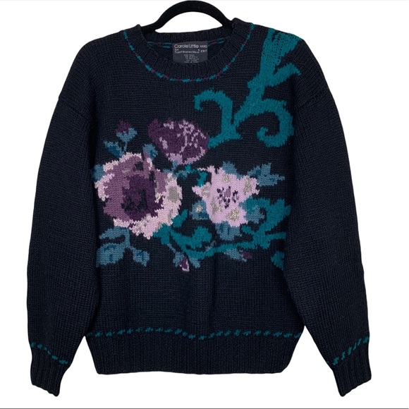 Vintage Sweaters - Vintage 80s Carole Little For St. Tropez West Black Hand Knit Floral Sweater S